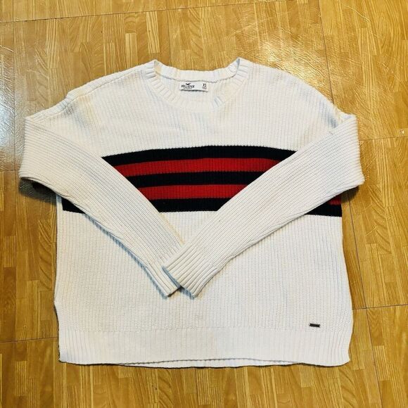 Hollister Womens White Oversized Pullover Sweater Blue Red Stripe Panel Size XS - Picture 5 of 5